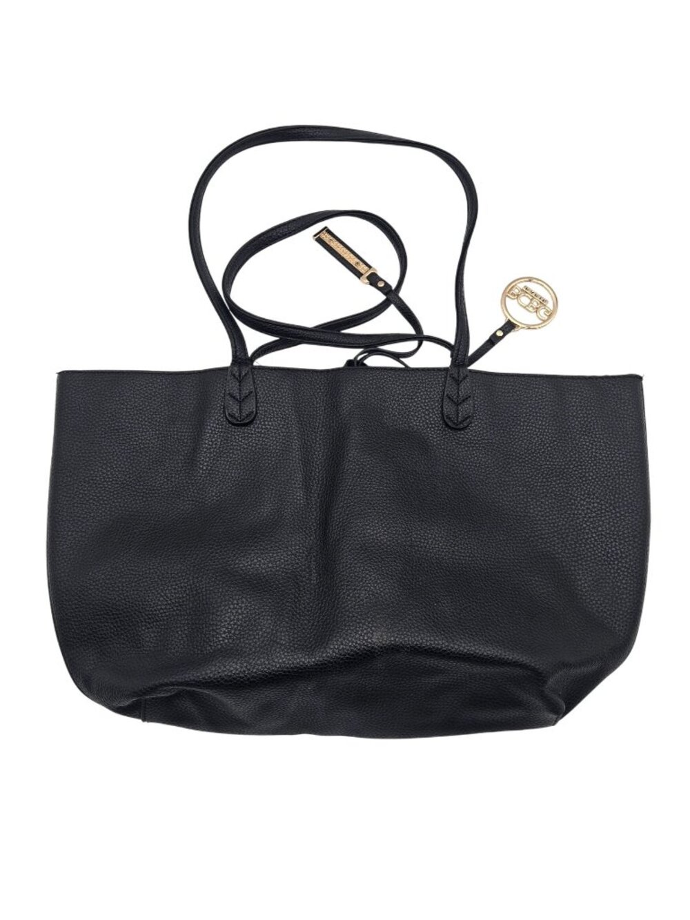 BCBG Paris Black Pebble Leather Tote Bag With Gold Tone Logo & Dual Handles